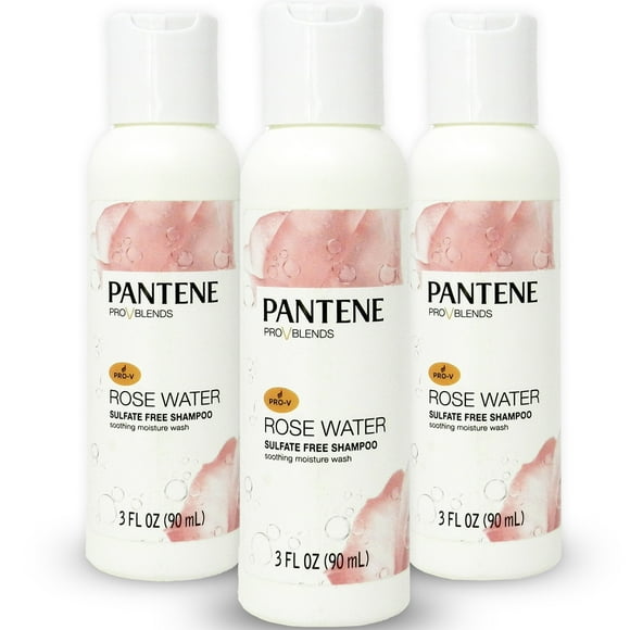 Pantene Shampoo Rose Water, 3 Pack Sulfate Free, Soothing Moisture Wash, Replenishes Hydration, Safe for Color Treated Hair, Nutrient Infused, Pro-V Blends, Travel Size 3 oz Ea