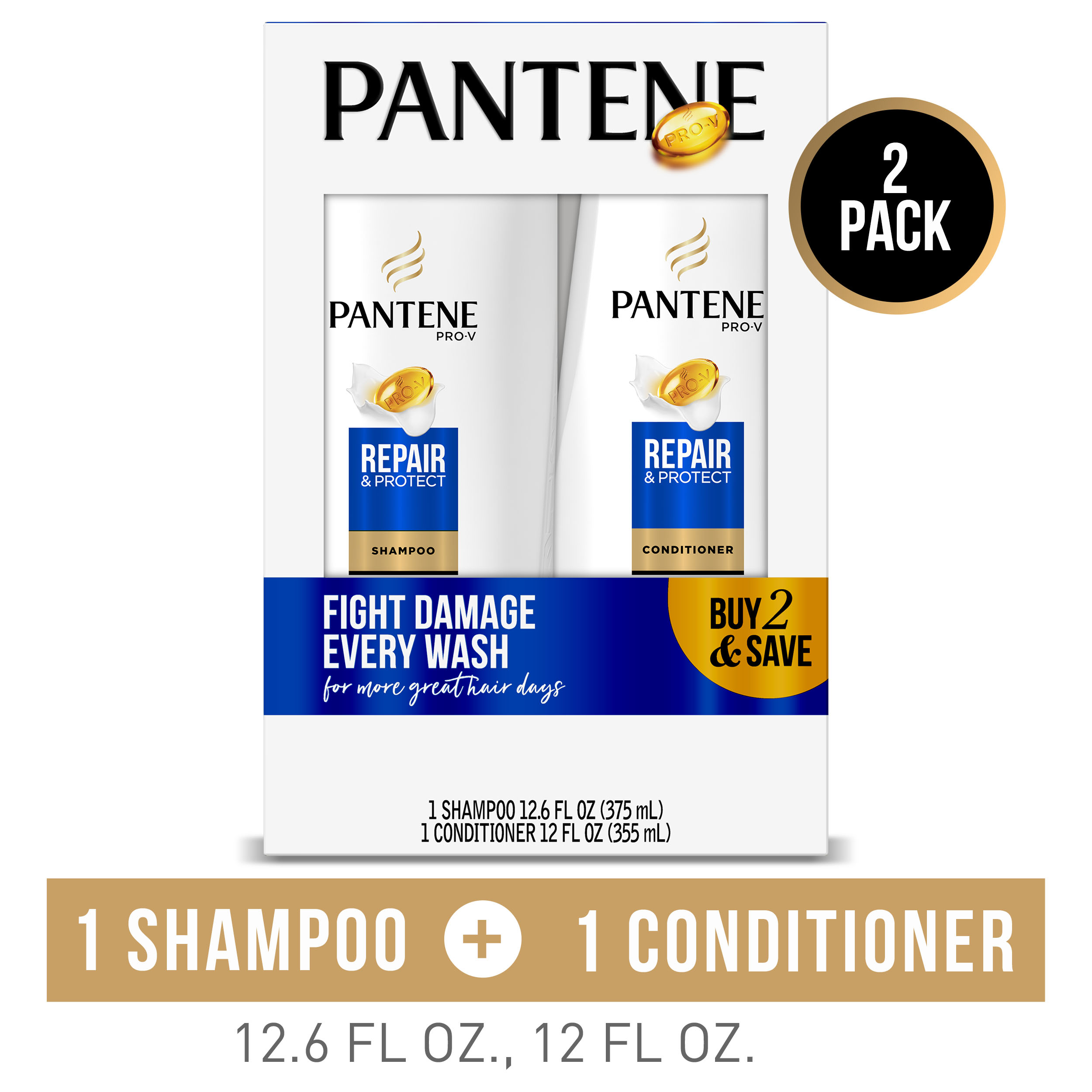 Pantene Shampoo and Conditioner Set, Repair and Protect, 12-12.6 oz - image 1 of 9