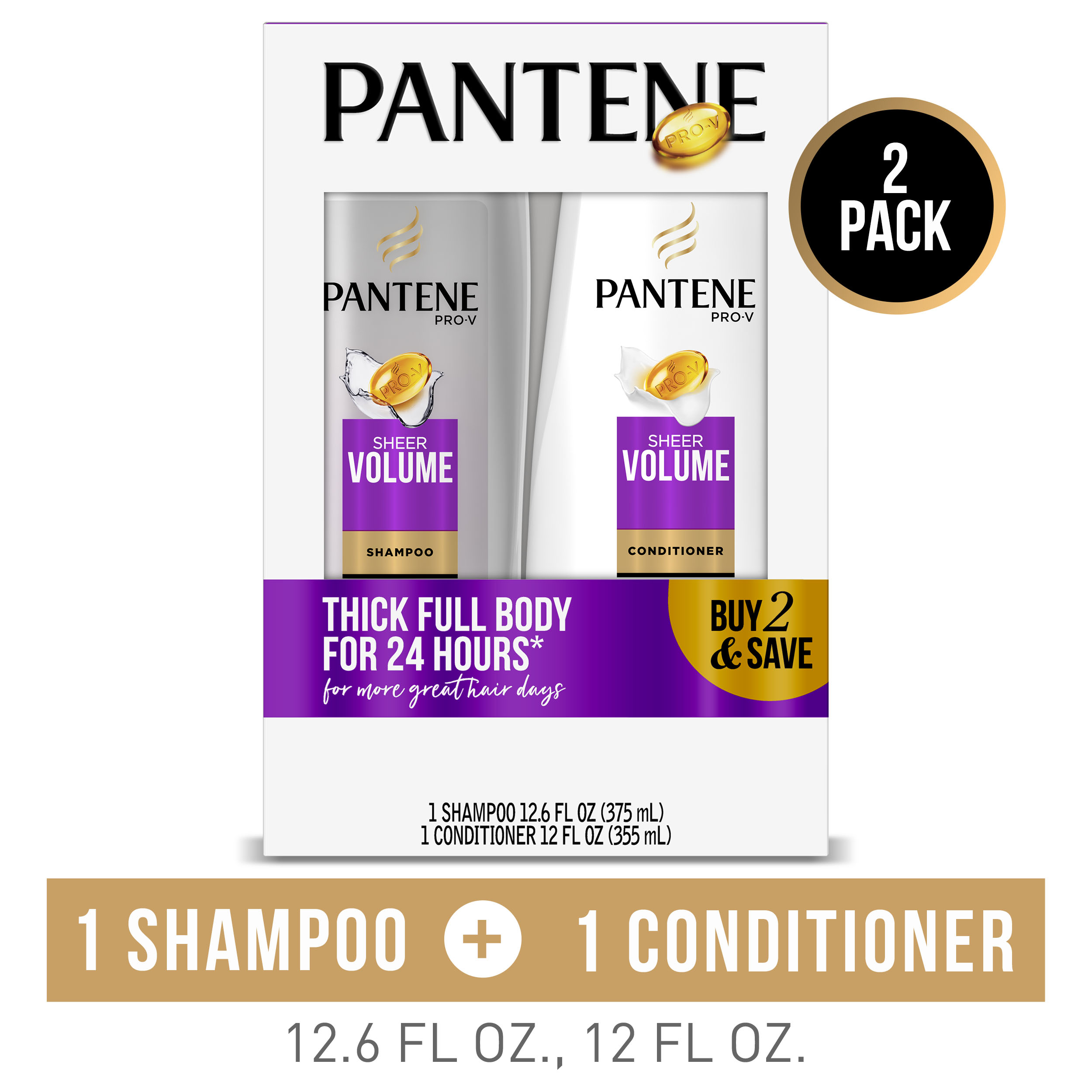 Pantene Shampoo and Conditioner Set, Sheer Volume, 12-12.6 oz - image 1 of 9