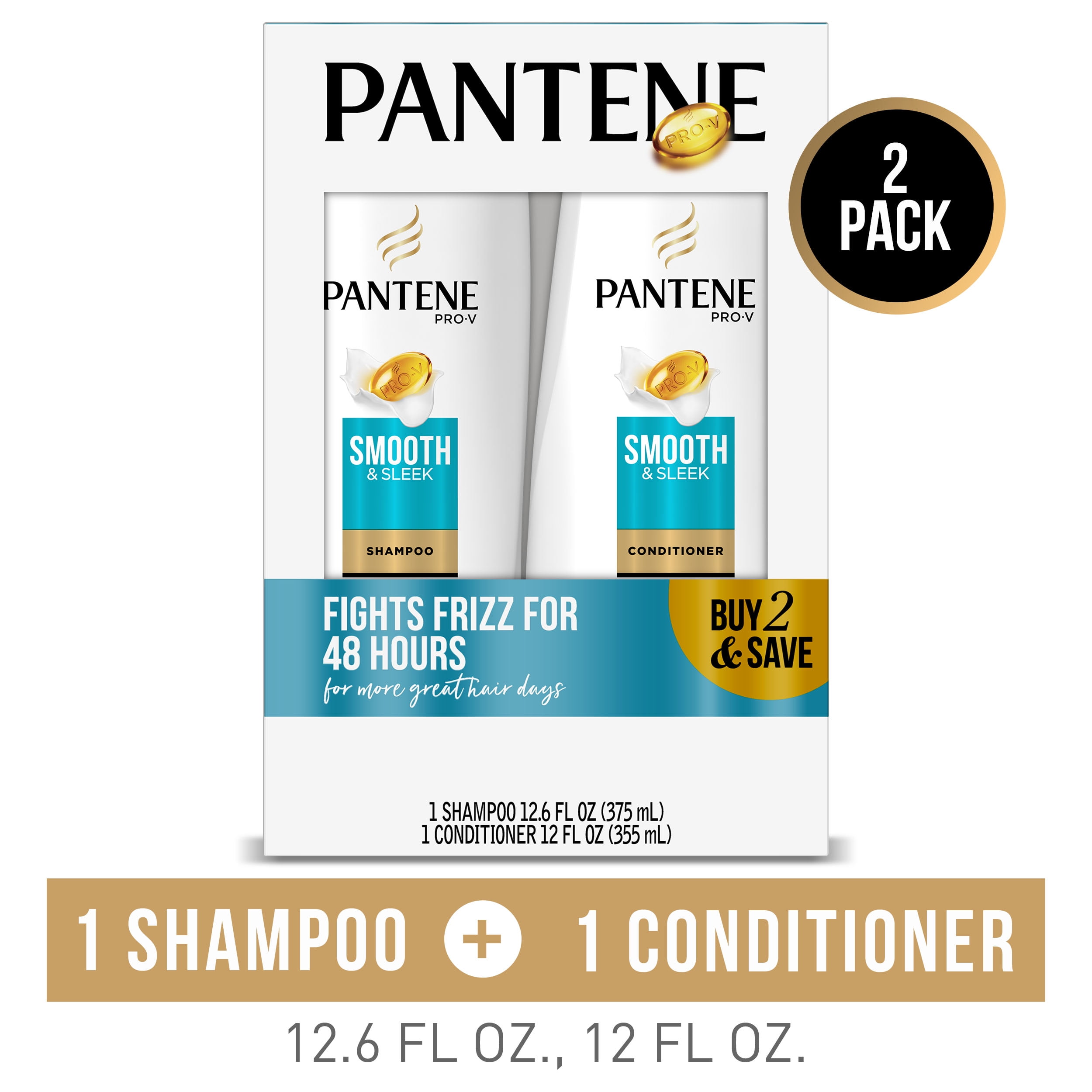 Pantene Shampoo and Conditioner Set, Smooth and Sleek, 12-12.6 oz