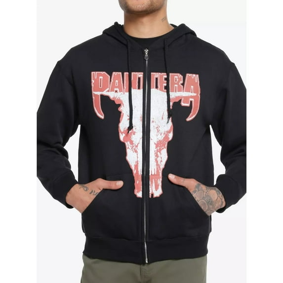 Pantera Men's Official Merchandise Skull Logo Graphic Full Zip Hoodie Sweatshirt (Medium, Black)