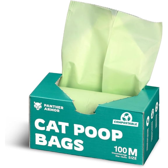 Panther Armor Compostable Cat Poop Bags - 100x Unscented Pet Waste, 13x9in Leak Proof Kitty Litter Disposal - Odor Proof, Easy Open Dispenser Box of Cat Poop