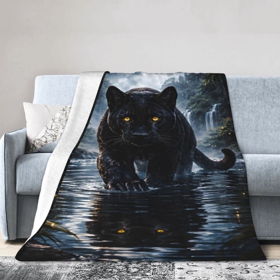 Panther Blanket Gift Cozy Soft Throw Blanket with Full Moon Reflection for Home Decor Perfect Wildlife Gift for Nature Lovers 50x40