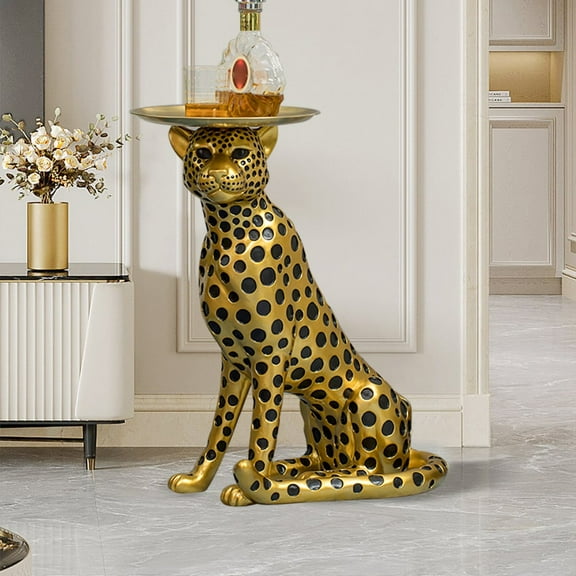 Panther Figurine Resin Art Deco Gold Side Table with Tray Top