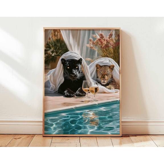 Panther Leopard Pool Wall Art Print, Unframed Paper Poster 8x10in