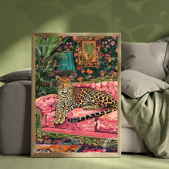 Panther Lounging On A Luxury Sofa - Maximalist Jungle Wall Art - Bold Panther Print - Eclectic Animal Decor - Glam Living Room Statement Art Wall Art, Modern Wall Decor, 16x24 UNFRAMED