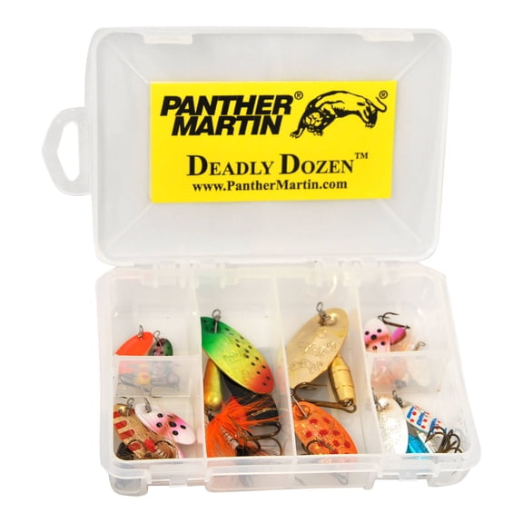 Panther Martin Deadly Dozen Inline Spinner Kit, 12 Assorted Fishing Lures with Tackle Box