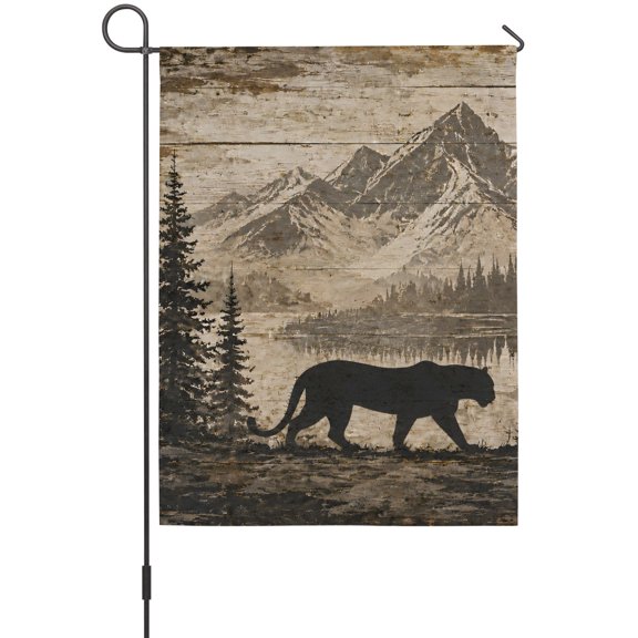 Panther Mountain Garden Flag 12x18 Inch Fall Brown Leopard Black Pine Tree Lake Vintage Double Sided Outdoor Garden Flags Welcome House Flag Decorative Yard Flags for Outside Holiday Decoration