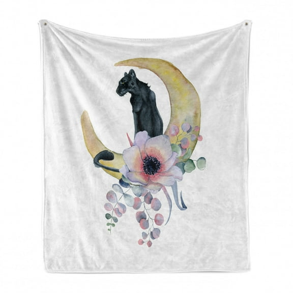 Panther Soft Flannel Fleece Throw Blanket, Painting of a Black Silhouette on a Moon Shape with Flowers Anemones Wild Theme, Cozy Plush for Indoor and Outdoor Use, 50" x 60", Multicolor, by Ambesonne