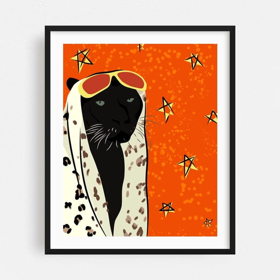 Panther in Style - India Illustration Pop Art Animal Fashion Modern Art Wildlife Whimsical Stars Black Framed Wall Art Print 18 x 24 inches