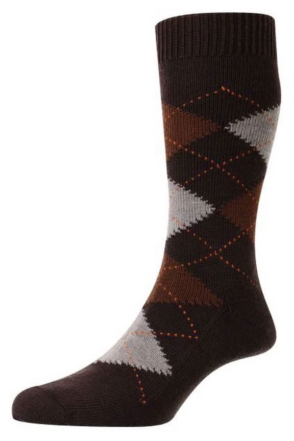 Racton Argyle Merino Wool Socks - Dark Brown