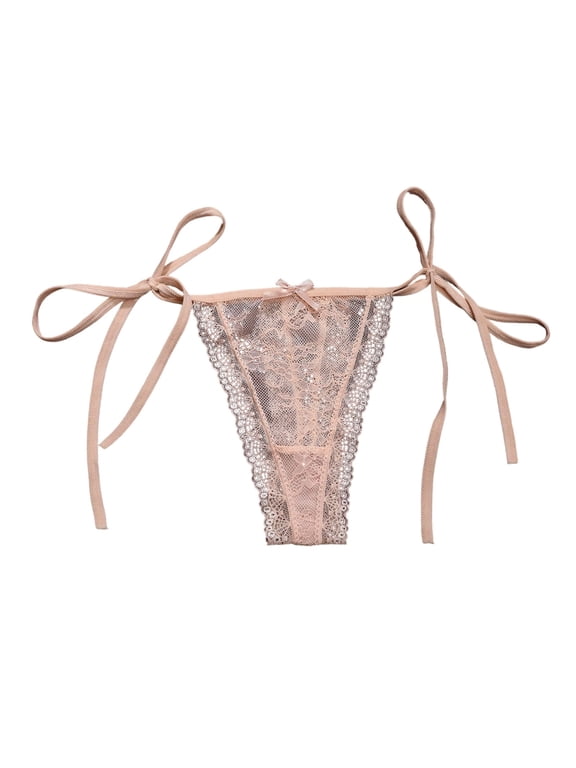 Panties for Women,Lace Thong UnderwearLow Rise T Back G String With Tie Side Straps Hollow Out Design Pure Desire Style Comfortable Breathable Soft Stretchable,Womens Underwear,Beige,M