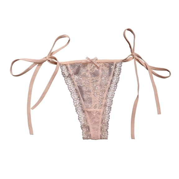 Panties for Women,Pure Desire Lace Thong Underwear For Low Rise T Back G String With Tie Side Straps And Hollow Out Design Comfortable Breathable Soft Stretchable,Womens Underwear,Beige,L