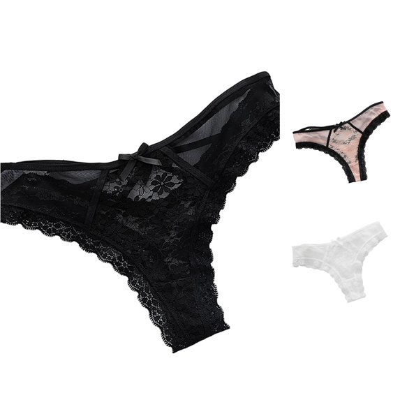 Panties Women's Hollow Lace Low Waist Briefs Women's Solid Color Double Bow Women's Thong Lace Edge Mesh Underwear Postpartum Running Underwear for Womens Undies Size 9 Pack of Thongs