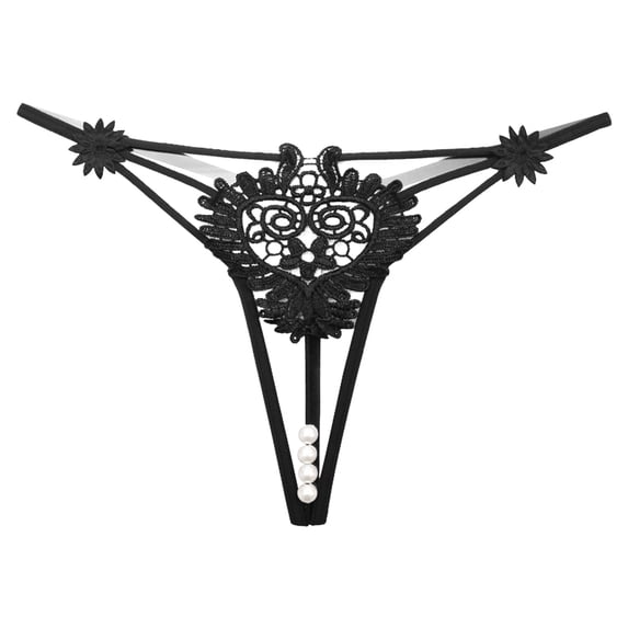 Panties for Women,Embroidered Hollow Low Waist Underwear Open Cut Thong with Pearl Massage Detail,Womens Underwear,Black,One Size