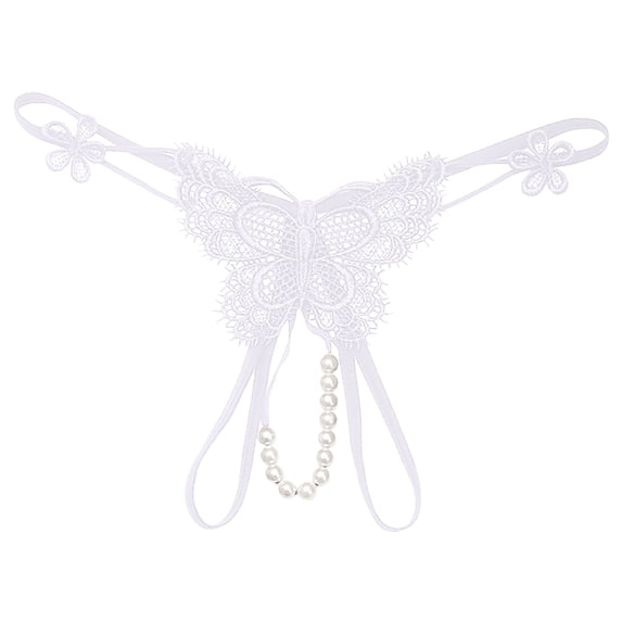 Panties for Women,Embroidered Hollow Low Waist Underwear Open Cut Thong with Pearl Massage Detail,Womens Underwear,White,One Size