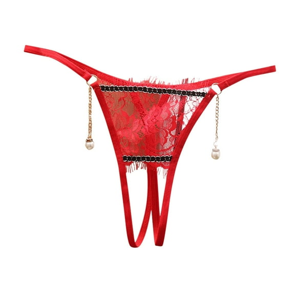 Panties for Women,Japanese Sheer Lace Low Waist Underwear For Women Elegant Pearl T Back Design Apparel,Womens Underwear,Red,One Size