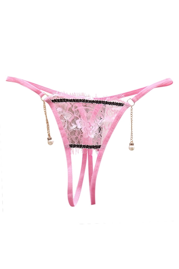 Panties for Women,Japanese Transparent Lace Low Waist T-Back Panties For Women Featuring Pearl Pendant Detail,Womens Underwear,Pink,One Size