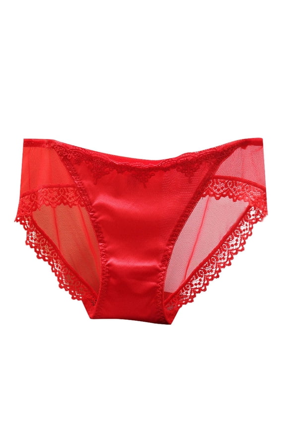 Panties for Women,Satin Fashion Seamless Mesh Lace Mid Low Waist Triangle Panties,Womens Underwear,Red,L