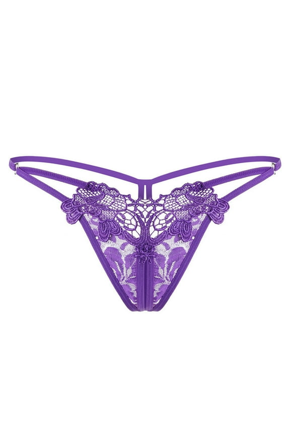 Panties for Womens Underwear Hollow Embroidery Waist Side Split Sexy Thong Briefs Purple One Size