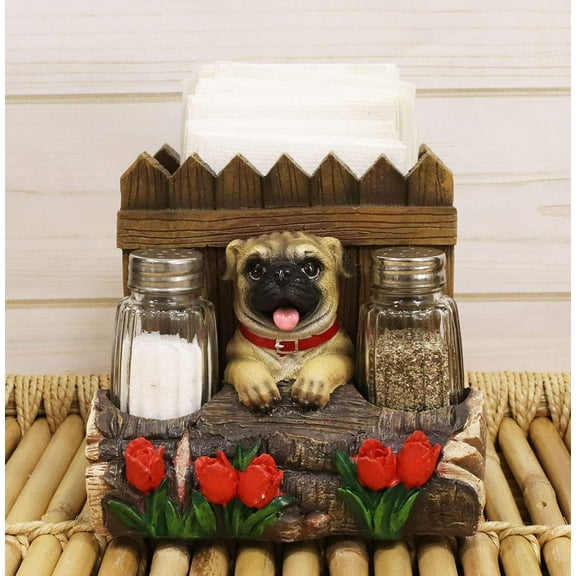 Panting Pug Dog By Fences & Flower Bed Dinner Napkin Salt Pepper Shakers Holder