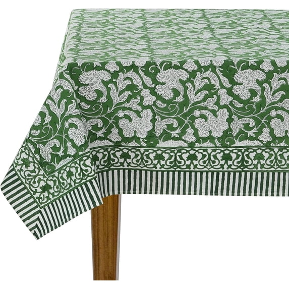 -Pantone Artichoke Green Cotton Hand Block Print Tablecloth Dinning Table Cover, Thanks Giving Table Christmas Farmhouse Buffet Wedding Tablecloth 4 Seater 60x60 Inches Square