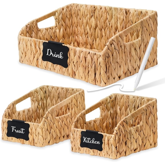 Pantry Baskets and Organizers, Large Wicker Baskets for Shelves, Handwoven Labeled Storage Basket for Organizing with Handles-Water Hyacinth Storage Bins, Boho Decorative, 3Pack, Natural