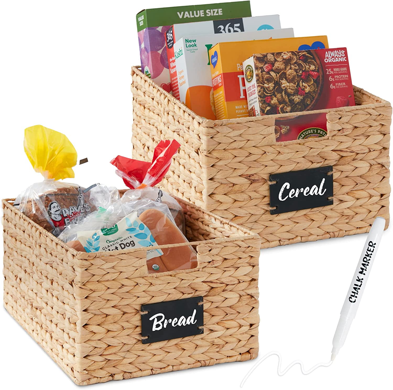 Pantry Baskets Set of 2 16x12in Water Hyacinth Storage Baskets, Woven Wicker Kitchen Organizers with handles w/Chalkboard Label Chalk Marker - Natural