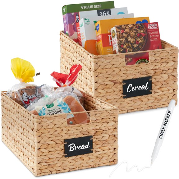 Pantry Baskets Set of 2 16x12in Water Hyacinth Storage Baskets, Woven Wicker Kitchen Organizers with handles w/Chalkboard Label Chalk Marker - Natural