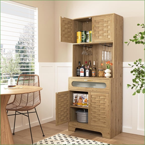 67'' Freestanding Pantry Buffet Cabinet with Glass Doors & Gold Handles | Farmhouse | MDF