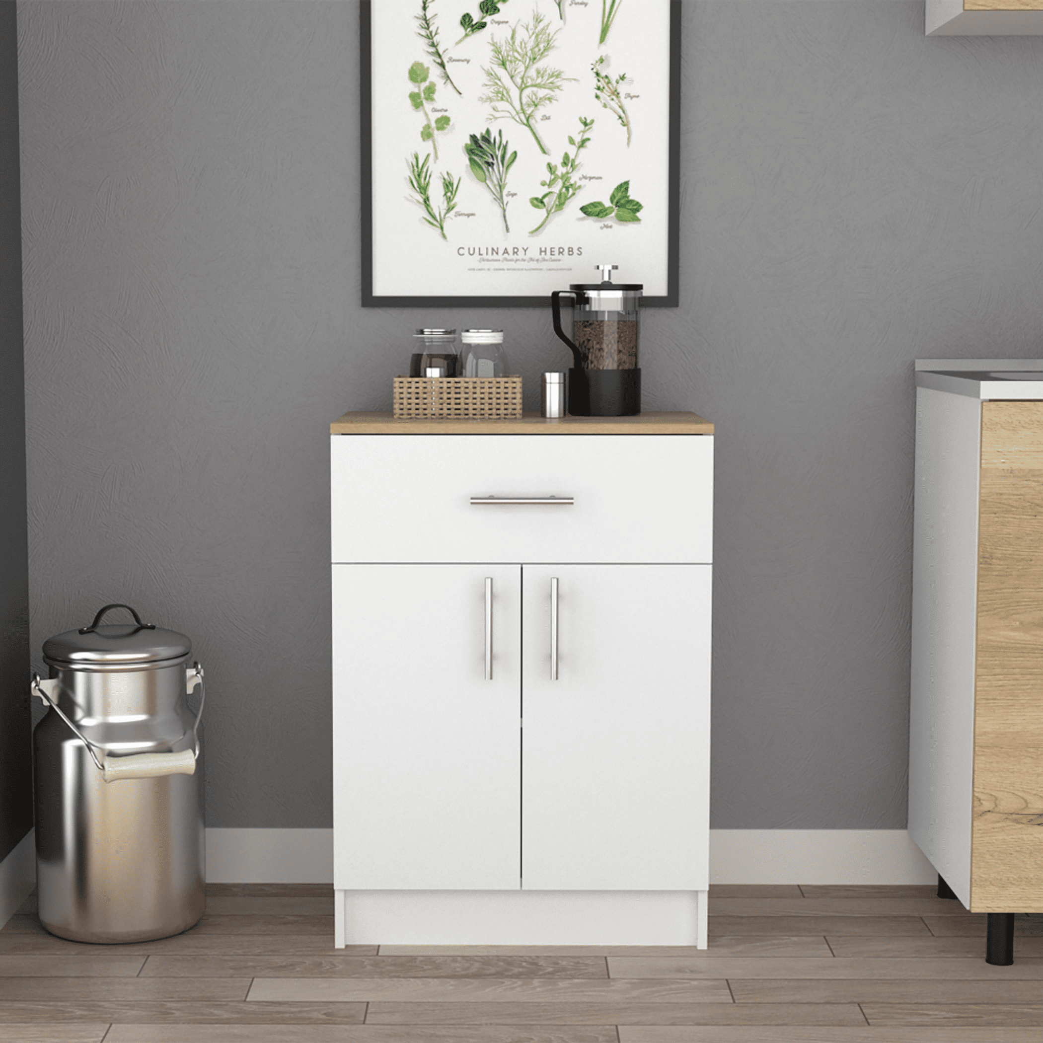 White and Light Oak Engineered Wood Pantry Cabinet with Chrome Hardware