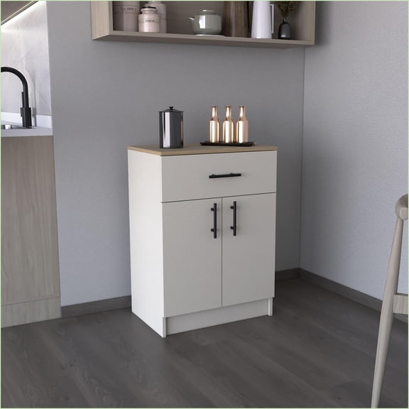 Pantry Cabinet, 33.5 H Modern Kitchen Storage with 1 Drawer 2 Shelves 2 Doors, Ivory/Natural Oak | Engineered Wood
