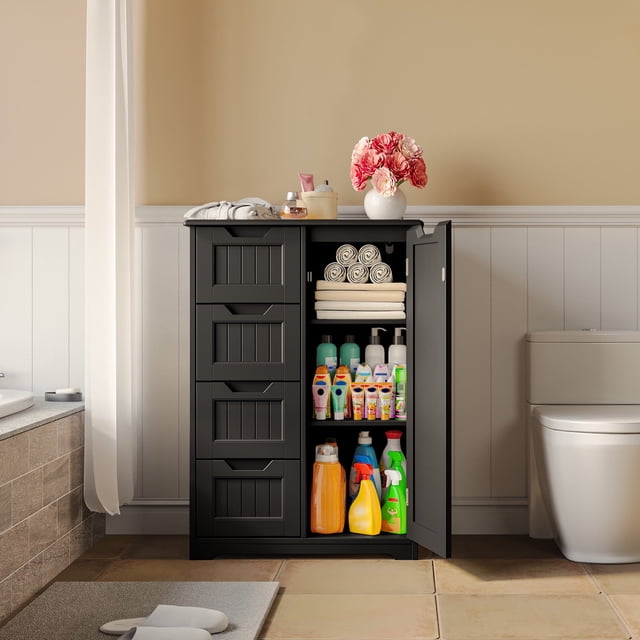 Pantry Cabinet, 33" Kitchen Pantry Storage Cabinet with 1 Door, 2 Shelves, 4 Drawers for Dining Room|Bedroom,Black