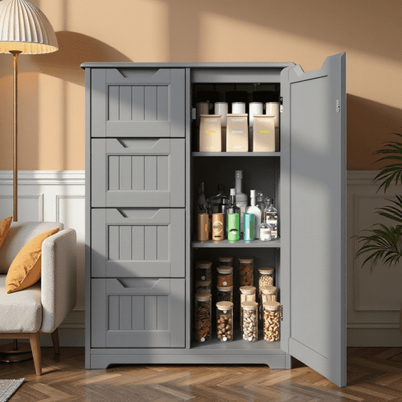 Pantry Cabinet, 33" Kitchen Pantry Storage Cabinet with 1 Door, 2 Shelves, 4 Drawers for Dining Room|Bedroom,Gray