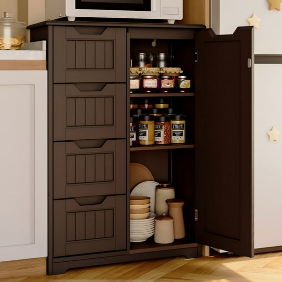 Pantry Cabinet, Lofka 33" Small Kitchen Pantry Storage Cabinet with 1 Door, 2 Shelves, 4 Drawers, Dark Brown