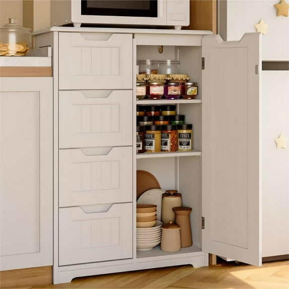 Pantry Cabinet, Lofka 33" Small Kitchen Pantry Storage Cabinet with 1 Door, 2 Shelves, 4 Drawers, White