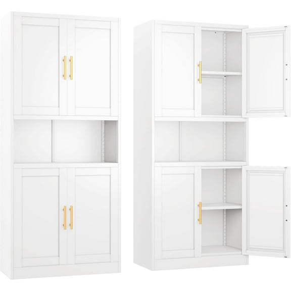 Pantry Cabinet 61" H Metal Kitchen Cabinet with 4 Doors, Bathroom Cabinets, 2 Adjustable Shelves for Kitchen, Home Office, Living Room, Dinning Room (White)