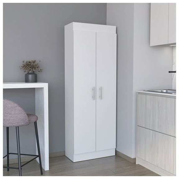 Pantry Cabinet 67" H, 5 Internal Shelves, Two Doors, White