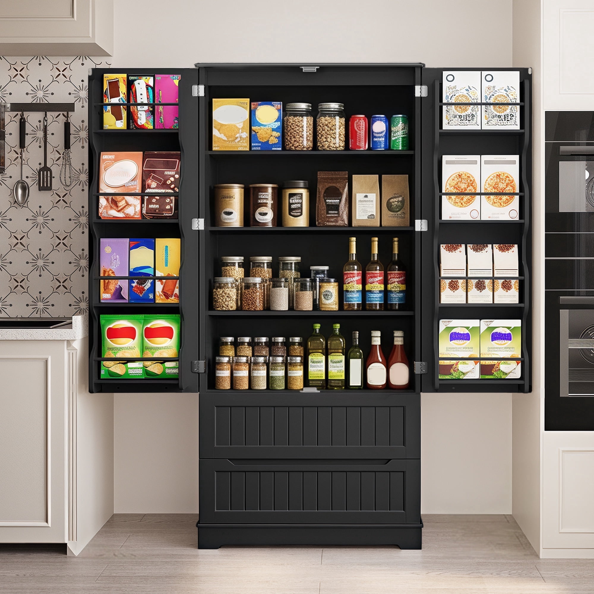 Pantry Cabinet, Asofer 71" Pantry Storage Cabinet with 2 Doors , 11 Shelves & 2 Drawers for Kitchen Dining Room, Black
