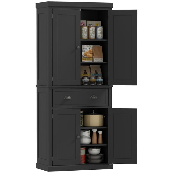 Pantry Cabinet, Black Shaker Style Particle Board Kitchen Storage with Adjustable Shelves and Drawer, 30 x 16 x 72.5 in
