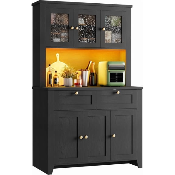 Farmhouse Pantry Cabinet with Charging Station, Large Kitchen Hutch with Countertop, Adjustable Shelves, Drawers & Water Ripple Doors