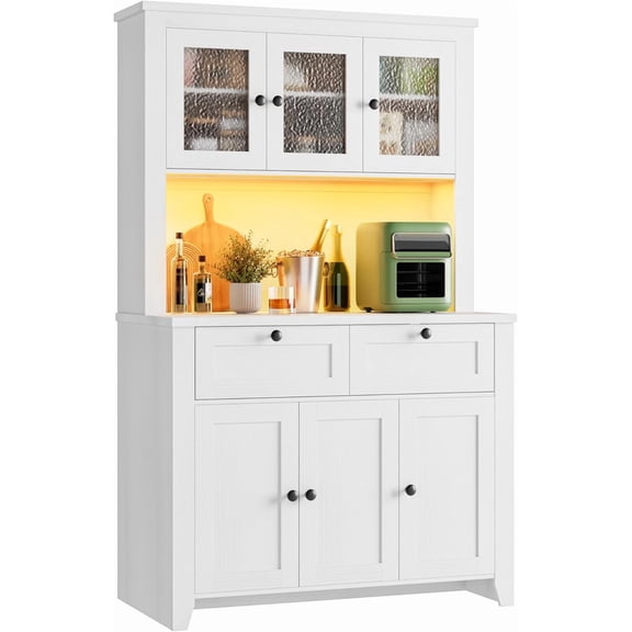 Pantry Cabinet with Charging Station, Farmhouse Kitchen Pantry Storage Cabinet with Countertop, Large Kitchen Hutch with Storage Drawers and Adjustable Shelves & Water Ripple Design for Dining Room,