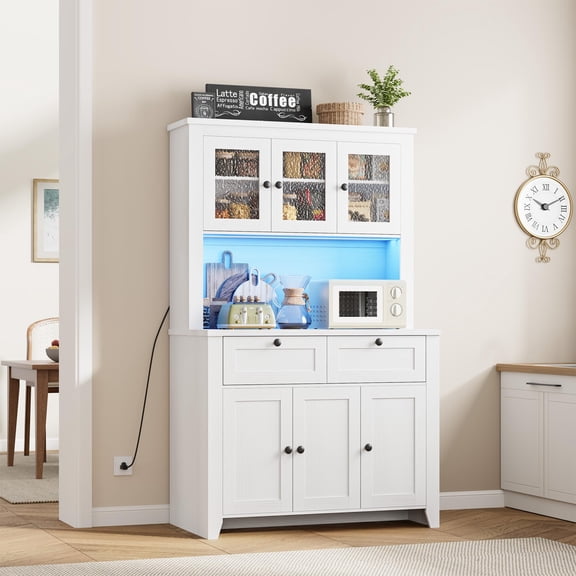 Pantry Cabinet with Charging Station, Farmhouse Kitchen Pantry Storage Cabinet with Countertop, Large Kitchen Hutch with Storage Drawers and Adjustable Shelves