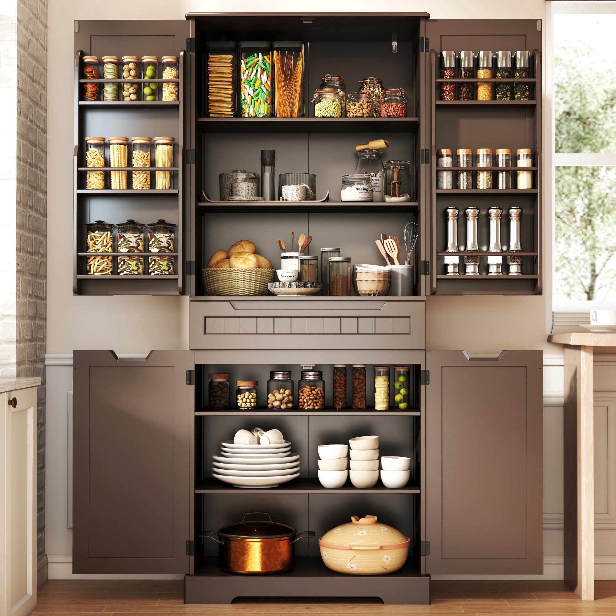 Pantry Cabinet Clearance, Lofka 71" Large Kitchen Storage Cabinet with Adjustable Shelves & Anti-Tip Design, 4 Doors, 12 Shelves, 1 Drawer, Dark Brown