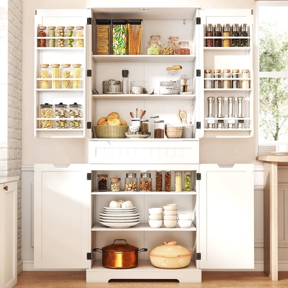 Pantry Cabinet Clearance, Lofka 71" Large Kitchen Storage Cabinet with Adjustable Shelves & Anti-Tip Design, 4 Doors, 12 Shelves, 1 Drawer, White