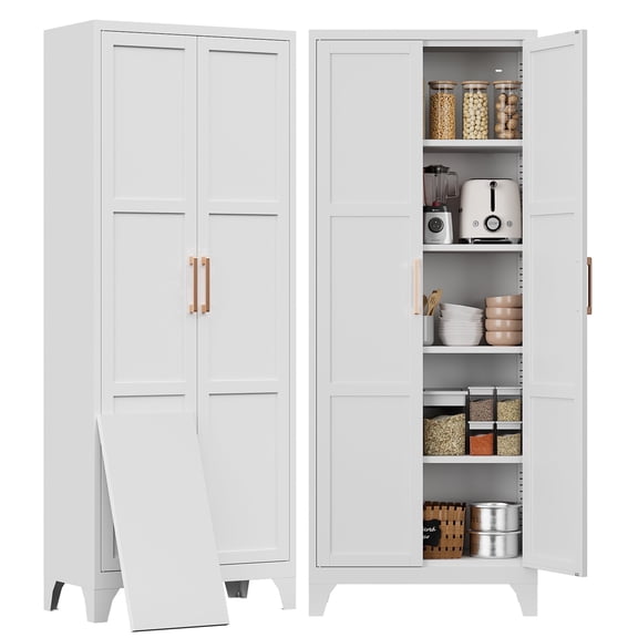 Kooyon 71"H Pantry Cabinet,Kitchen Pantry Storage Cabinet with Doors and Adjustable Shelves,White Metal Kitchen Pantry Cabinet,Food Pantry Cabinet for Kitchen,Dinning Room- Assembly Required/White