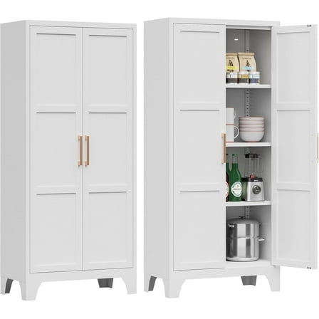 Pantry Cabinet,Kitchen Pantry Storage Cabinet with Doors and Adjustable Shelves,White Metal Kitchen Pantry Cabinet,Food Pantry Cabinet for Kitchen,Dinning Room- Assembly Required/White