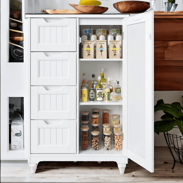 Pantry Storage Cabinet, Lofka 33" White Wood Kitchen Pantry Storage Cabinet with 4 Drawers, 1 Door and 3 Shelves for Dining Room|Bedroom