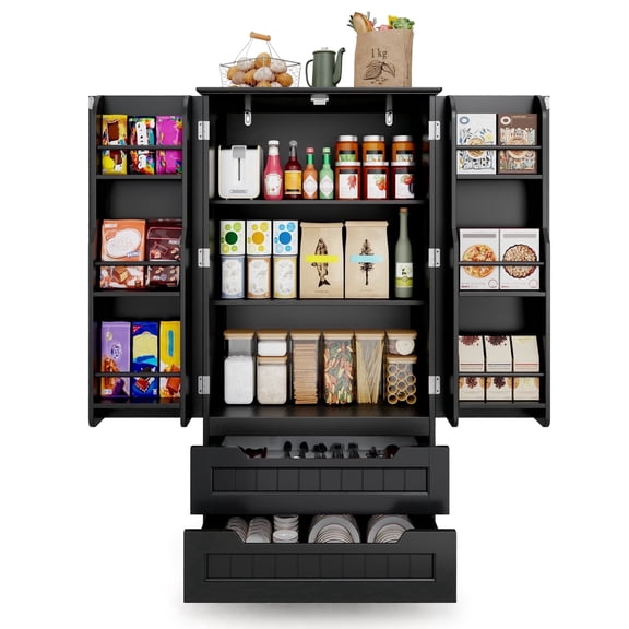 Pantry Cabinet Lofka 47" Kitchen Pantry Storage Cabinet with 2 Drawers, 8 Shelves and 2 Doors, Black