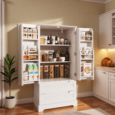 Pantry Cabinet, Lofka 47" Modern Kitchen Pantry Storage Cabinet with 2 Shelves, 2 Drawers & 6 Side Door Shelves - Durable, Moisture-Resistant & Easy to Install
